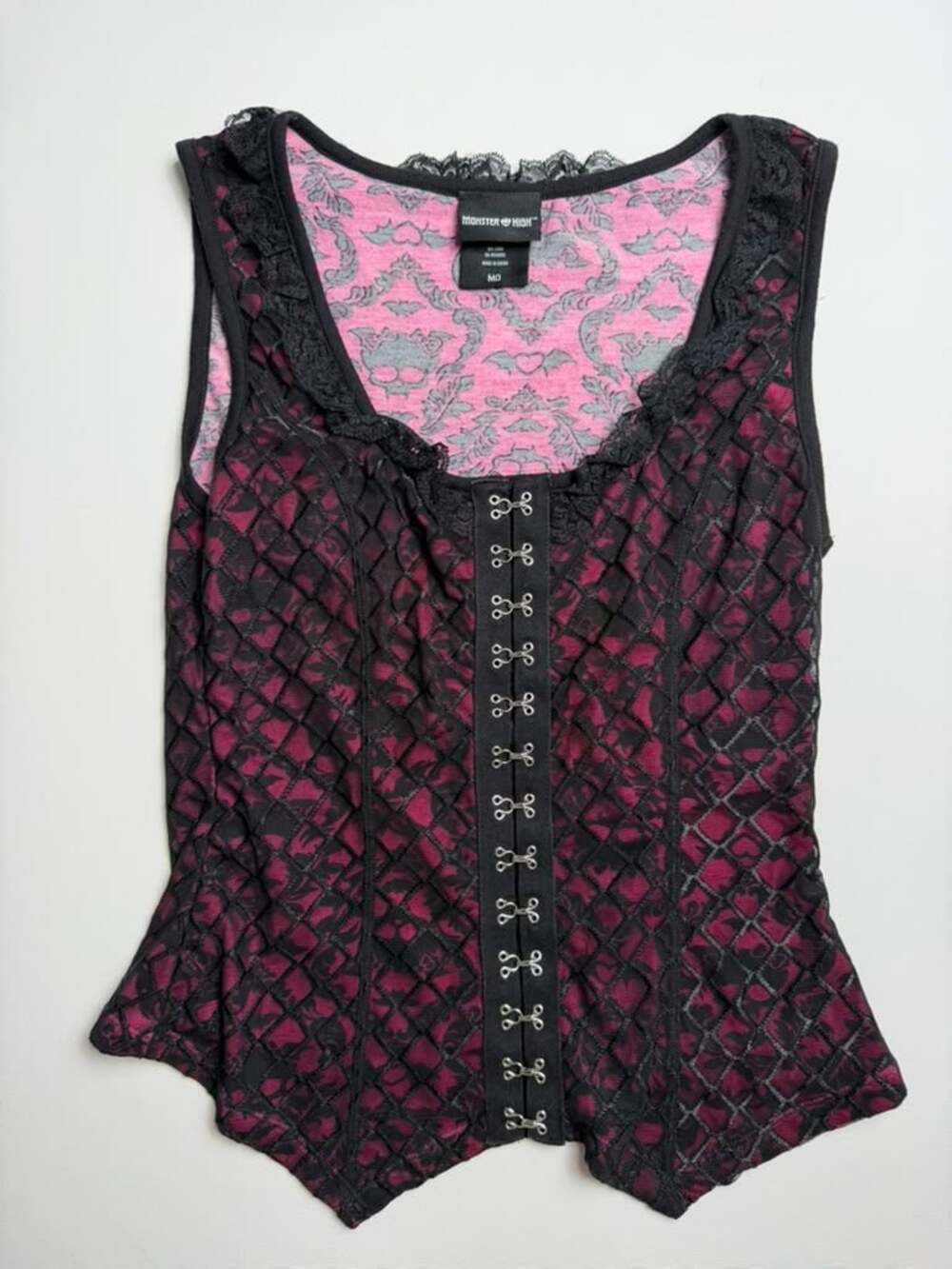 Monster High Draculaura Y2k Goth Punk Pink Black Lace Trim Hook Eye Corset Top